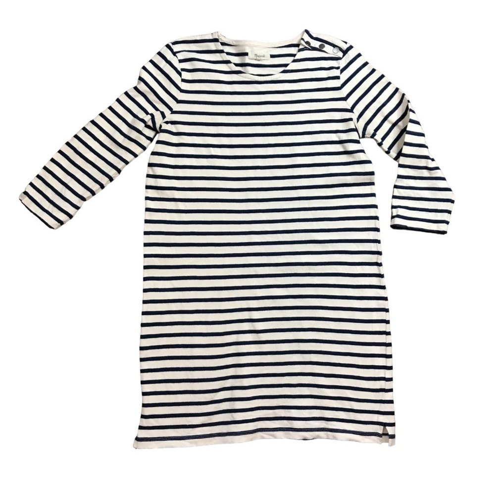 Madewell Shift Dress Women's Small Cream Navy Stripe 100% Cotton Tee 3/4 Sleeves